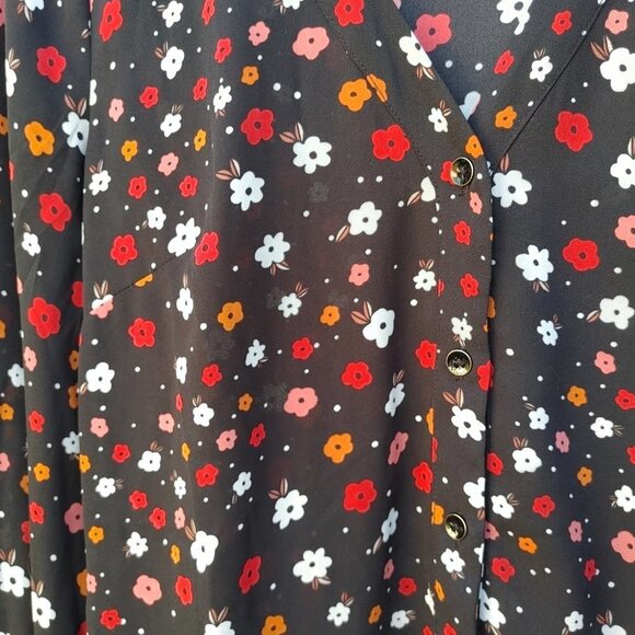 Lovely CABI Floral Blouse Women's XL Deep V neck Striped Cuffs - Picture 7 of 8